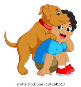 vector illustration of happy boy playing with his pet