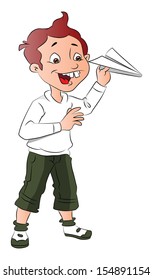 Ilustración vectorial de un niño feliz jugando con un cohete de papel.