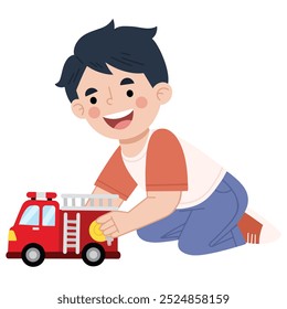 Vector illustration of happy boy playing toy car