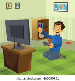 A vector illustration of happy boy playing video game