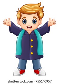Vector illustration of Happy boy in purple winter clothes