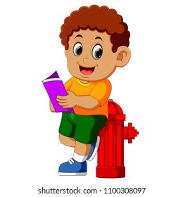 vector illustration of happy boy reading book