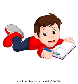 vector illustration of happy boy reading book alone