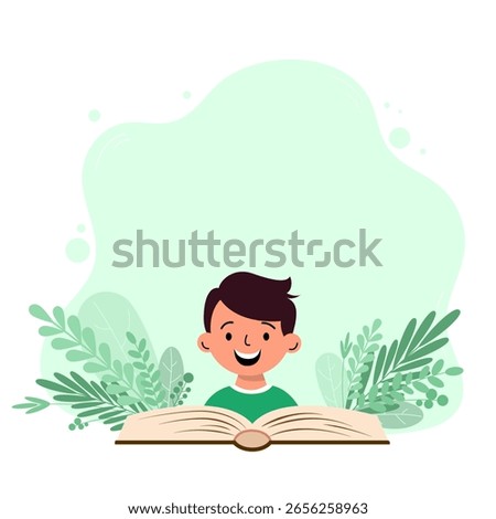 Vector illustration of a happy boy reading a book, surrounded by green leaves and plants. Light green abstract background with empty space for text. Educational and nature-themed design.