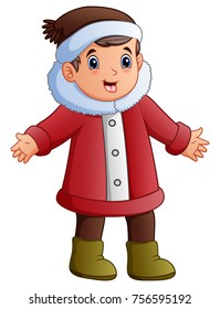 Vector illustration of Happy boy in red winter clothes