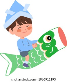 Vector illustration of happy boy riding green carp fish children's day elements
