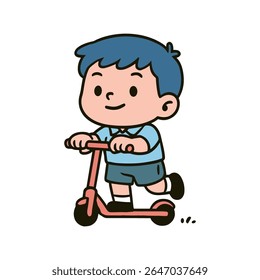 Vector illustration of a happy boy riding a scooter, drawn in a fun cartoon style.