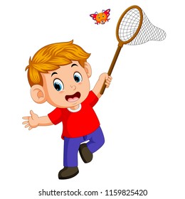 vector illustration of Happy boy is running with butterfly net and catching butterflies