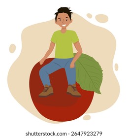 Vector illustration of a happy boy sitting on a giant red apple, wearing casual clothes and smiling. The colorful design emphasizes whimsy and fun and is perfect for playful themes.