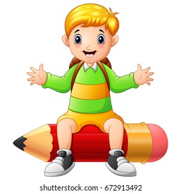 Vector illustration of Happy boy sitting on the red pencil