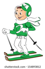Vector illustration of happy boy skiing.