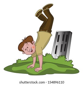 Vector illustration of happy boy in upside down position.
