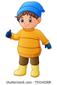 Vector illustration of Happy boy in yellow winter clothes giving thumbs up