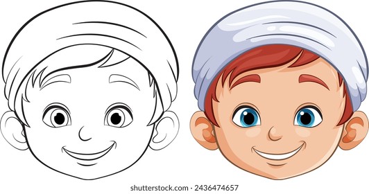 Vector illustration of a happy boy's face, colored and outlined.