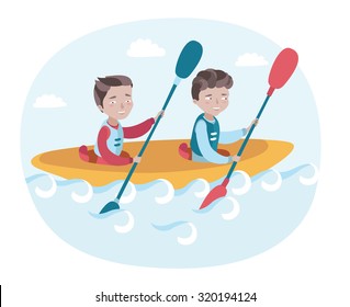 Vector illustration of happy boys rowing in the canoe with oars in their hands on the river