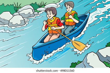 Vector illustration of happy boys rowing in the canoe with oars in their hands on the river