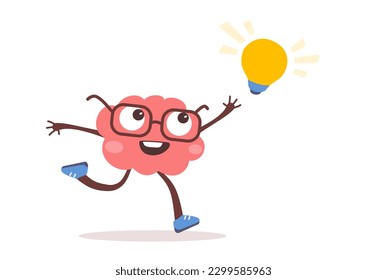 Ilustración vectorial del personaje cerebral feliz con gafas corriendo y bombilla de captura. Diseño de estilo plano del personaje de cerebro de negocios rosa sobre fondo de color blanco para web, banner, afiche, impresión