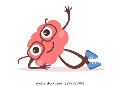 Vector illustration of happy brain character with glasses lie down and rest. Flat style design of business pink brain character on white color background for web, banner, poster, print