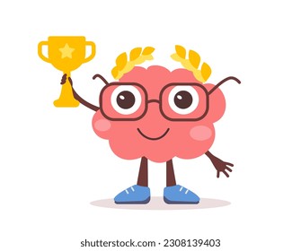 Vector illustration of happy brain character with glasses, laurel wreath and golden winner cup. Flat style design of business pink brain character champion on white color background for web, banner