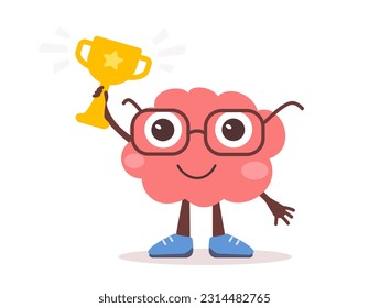 Vector illustration of happy brain character with glasses and golden winner cup. Flat style design of business pink brain character champion on white color background for web, banner, poster, print