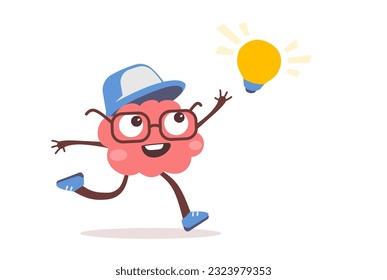 Ilustración vectorial del personaje cerebral feliz en la tapa con gafas corriendo y bombilla de captura. Diseño de estilo plano del personaje de cerebro de negocios rosa con idea sobre fondo de color blanco para web, banner