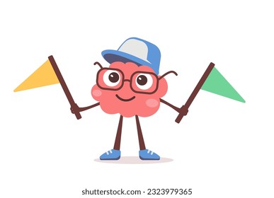 Ilustración vectorial del personaje cerebral feliz con gafas, gorra y bandera. Diseño de estilo plano del personaje del cerebro rosa del negocio sobre fondo de color blanco para web, banner, afiche, impresión