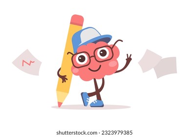 Vector illustration of happy brain character with glasses, cap and pencil with paper. Flat style design of business pink brain character on white color background for web, banner, poster, print