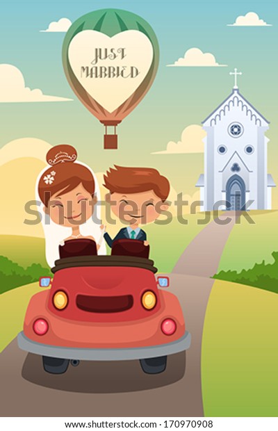 A vector illustration of happy bride and\
groom riding car after their wedding\
ceremony