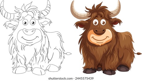 Vector illustration of a happy, brown cartoon yak.