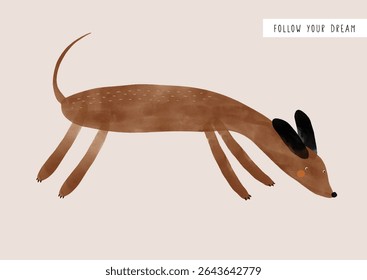 Vector Illustration Of Happy Brown Dog With Black Ears. Funny Dog Sniffing Around.  Lovely Hand Drawn Nursery Art with Sweet Puppy On A Beige Background.