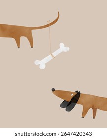 Vector Illustration Of Happy Brown Dog With Black Ears. Funny Dog Sniffing For A Bone. Hand Drawn Nursery Art with Sweet Basset Puppy On A Beige Background. Happy Dachshund. RGB.