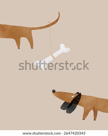 Vector Illustration Of Happy Brown Dog With Black Ears. Funny Dog Sniffing For A Bone. Hand Drawn Nursery Art with Sweet Basset Puppy On A Beige Background. Happy Dachshund. RGB.