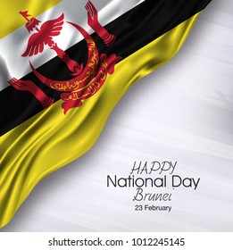  Vector illustration of  Happy Brunei  National Day 23 Februay. Waving flags isolated on gray background.