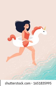 Dibujo vectorial de una feliz morena con unicornio en círculo de natación corriendo en la playa al mar