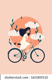 Vector illustration of happy brunette woman rides a bicycle in front of the sun with clouds