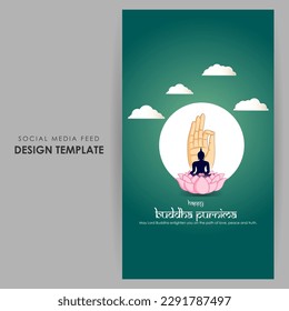 Vector illustration of Happy Buddha Purnima social media story feed mockup template flyer poster banner