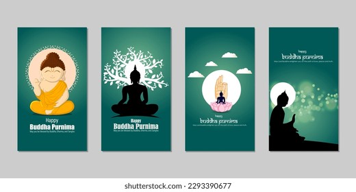 Vector illustration of Happy Buddha Purnima social media story feed mockup template flyer poster banner set