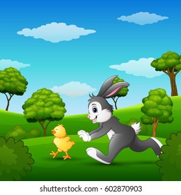 Vector illustration of Happy bunny with chick playing in the park