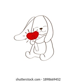 Vector illustration. Happy bunny hugs a flashlight in the form of a heart. Red color. The image is suitable as an icon, a sticker for a printed matter.