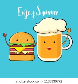 vector illustration of happy burger and beer character , funny burger and beer cartoon character, with slogan , can be use for mascot, logo template poster, banner
