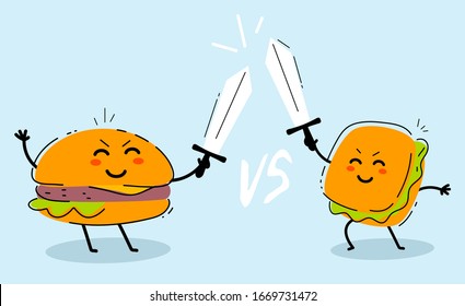 Vector illustration of happy burger and sandwich character fighting with a sword on bluen background. Flat line art style design of fast food comparison for web, site, poster, banner, print