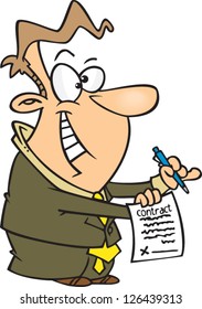 Vector illustration of happy business man holding contract and pen