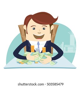 Vector illustration Happy business man sitting at the table and hugging money cash. Flat style, white background