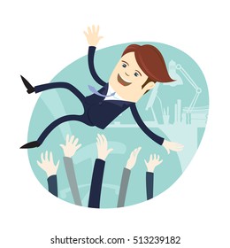 Vector illustration Happy business man wearing suit threw in the air by his team Colleagues. Flat style