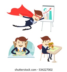 Vector illustration Happy business man hipster sitting at the table and counting money, Office man flying in front of his working place. business man eating sandwich at a cafe. Flat style