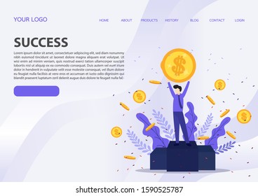 Vector illustration of happy business team celebrates success standing. Young man and woman hands raised high and catches bills. Can use for landing page, web, presentation, flyer, banner. 
