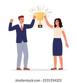 Vector illustration of a happy business team holding a winner's cup. Cartoon scene of joyful man and woman holding golden cup, dressed in business suits isolated on white background.Achieving success.