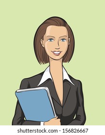 Vector illustration of Happy business woman with folder. Easy-edit layered vector EPS10 file scalable to any size without quality loss. High resolution raster JPG file is included. 