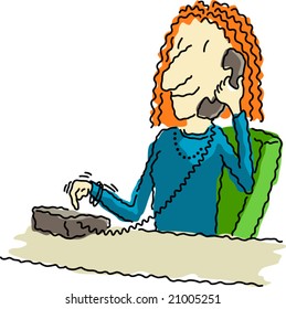 Vector illustration of a happy business woman at her desk, dialing the telephone.