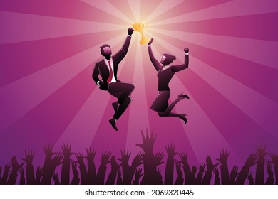 Vector illustration of happy businessman and businesswoman jumping while lift up golden trophy above many hands